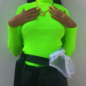 Fluorescent Green Turtuleneck Knitted Sweater Women Autumn Winter Casual Long Sleeve Ribbed Sweater Streetwear Pullovers