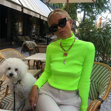 Load image into Gallery viewer, Fluorescent Green Turtuleneck Knitted Sweater Women Autumn Winter Casual Long Sleeve Ribbed Sweater Streetwear Pullovers