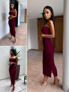 Fantoye Strapless Sleeveless 2 Piece Set Ribbed Sexy High Waist Button Splits Long Bodycon Women Outfits Christmas Femme Sets