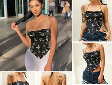 Load image into Gallery viewer, Fantoye Sexy Backless Velvet Women Tops Butterfly Print Halter Metal Chain Asymmetrical Crop Top Hot Streetwear Black Tank Top