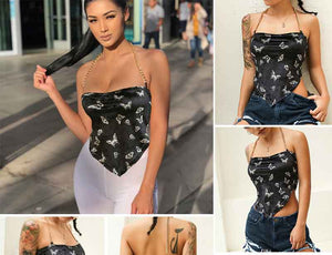 Fantoye Sexy Backless Velvet Women Tops Butterfly Print Halter Metal Chain Asymmetrical Crop Top Hot Streetwear Black Tank Top