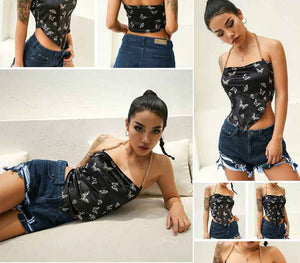 Fantoye Sexy Backless Velvet Women Tops Butterfly Print Halter Metal Chain Asymmetrical Crop Top Hot Streetwear Black Tank Top