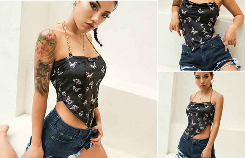 Fantoye Sexy Backless Velvet Women Tops Butterfly Print Halter Metal Chain Asymmetrical Crop Top Hot Streetwear Black Tank Top