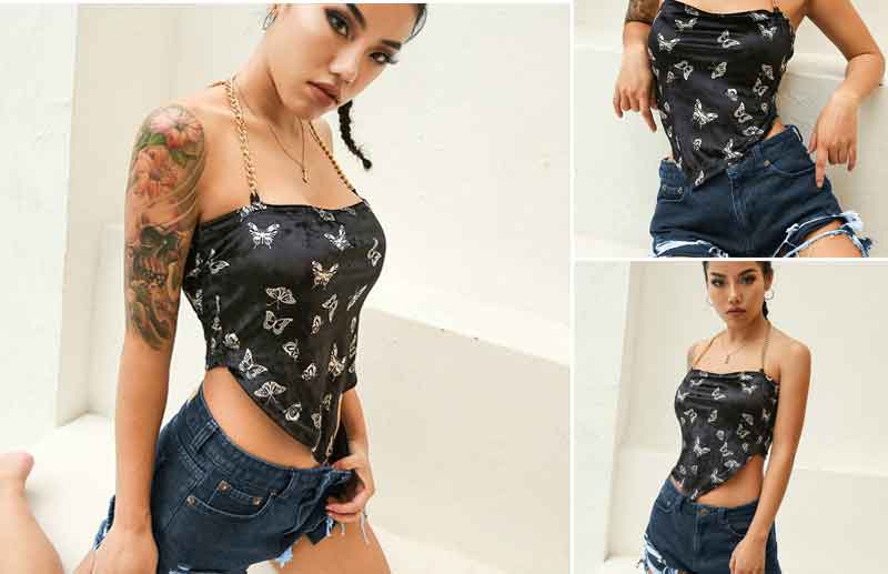 Fantoye Sexy Backless Velvet Women Tops Butterfly Print Halter Metal Chain Asymmetrical Crop Top Hot Streetwear Black Tank Top