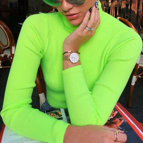 Fluorescent Green Turtuleneck Knitted Sweater Women Autumn Winter Casual Long Sleeve Ribbed Sweater Streetwear Pullovers